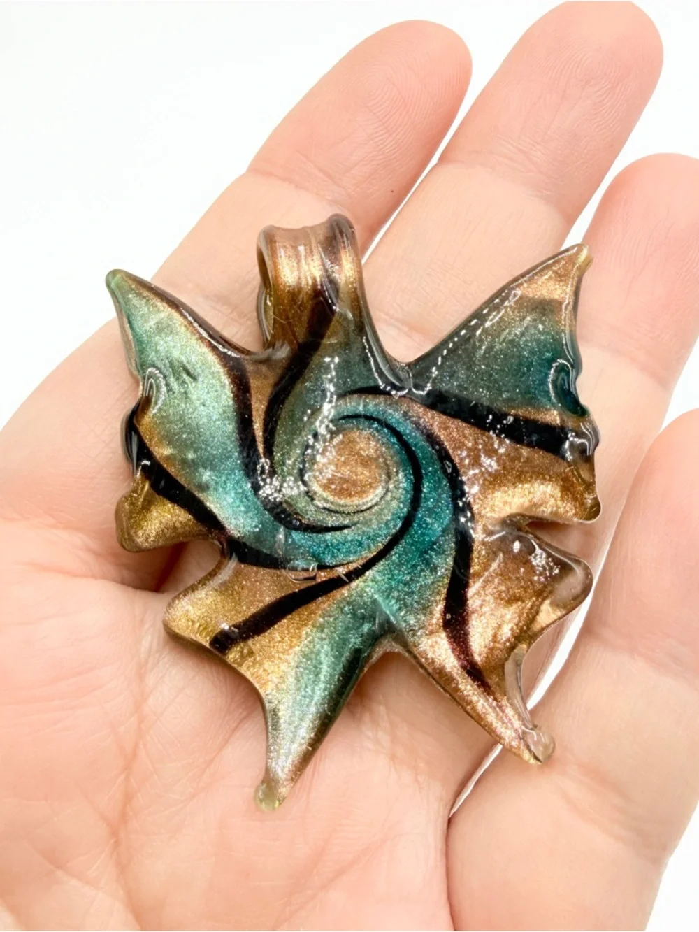 Vintage Murano Style Glass Pendant Swirl Gold Green Abstract - Picture 3 of 6
